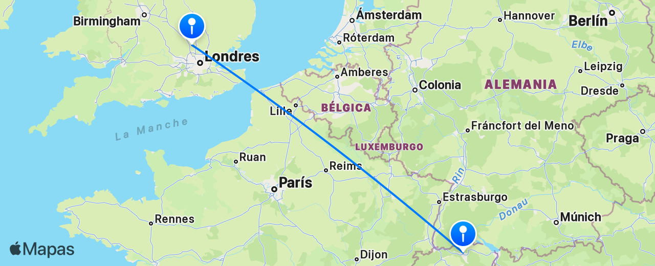 Mapa del vuelo de Londres a Zúrich