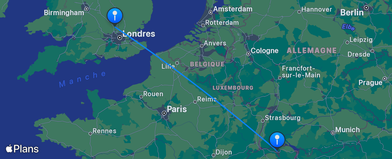 Carte du vol de Zurich vers Londres