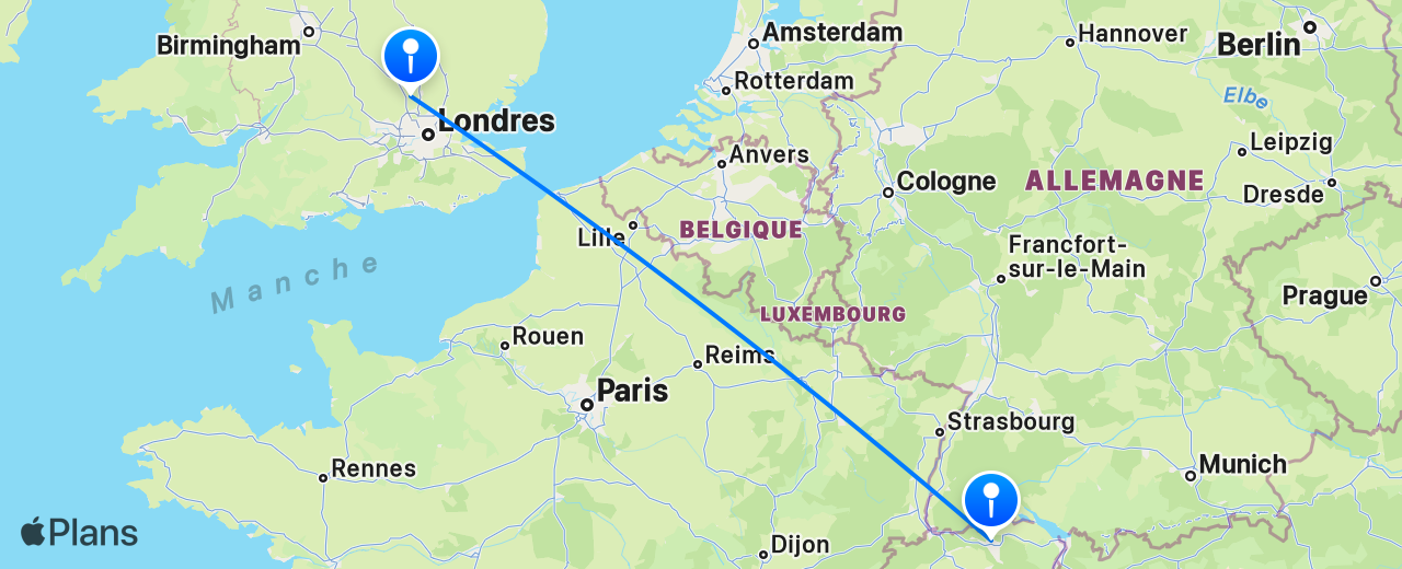 Carte du vol de Zurich vers Londres