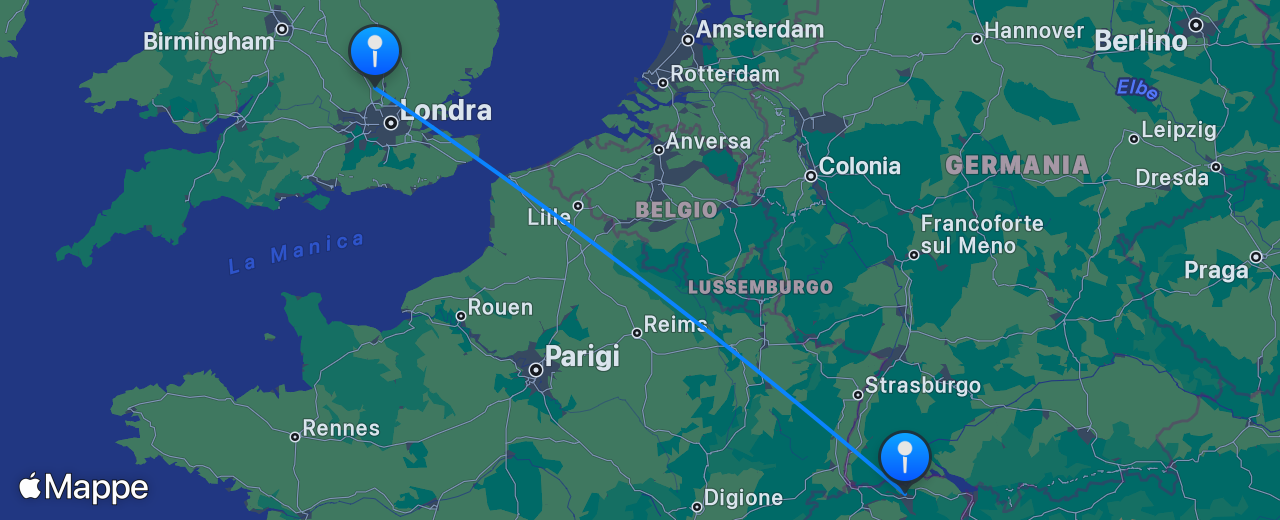 Mappa del volo da Zurigo a Londra