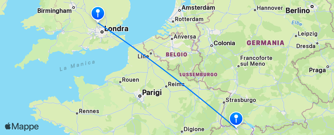 Mappa del volo da Zurigo a Londra