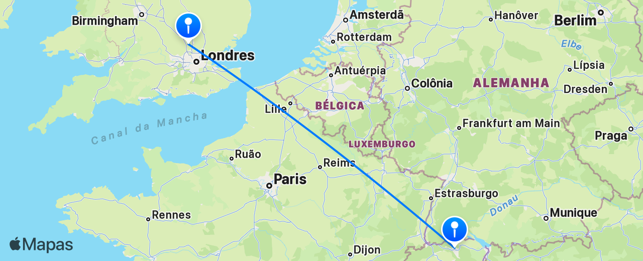 Mapa do voo de Zurique para Londres