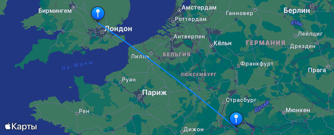 Карта перелёта Лондон — Цюрих