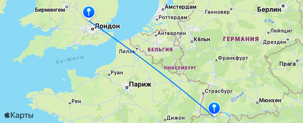 Карта перелёта Лондон — Цюрих
