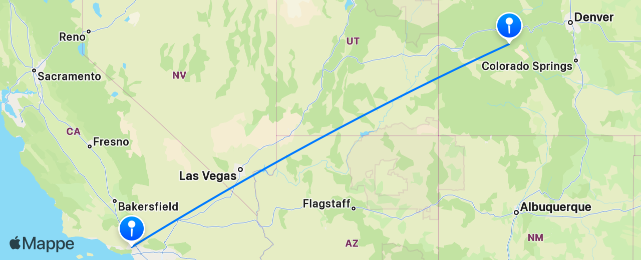 Mappa del volo da Aspen a Los Angeles