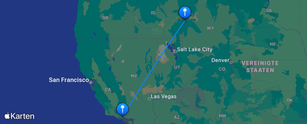 Karte des Flugs von Jackson Hole nach Los Angeles