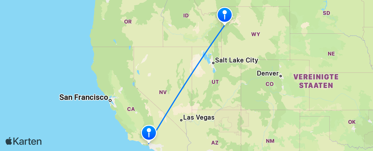 Karte des Flugs von Jackson Hole nach Los Angeles