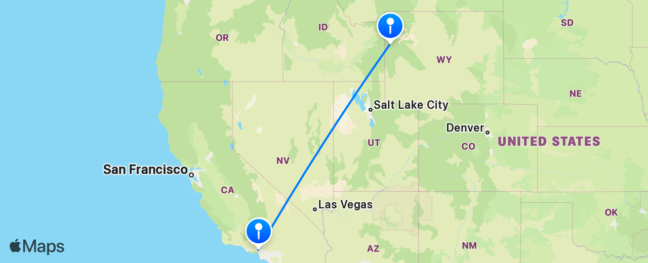Map of the flight from Jackson Hole to Los Angeles