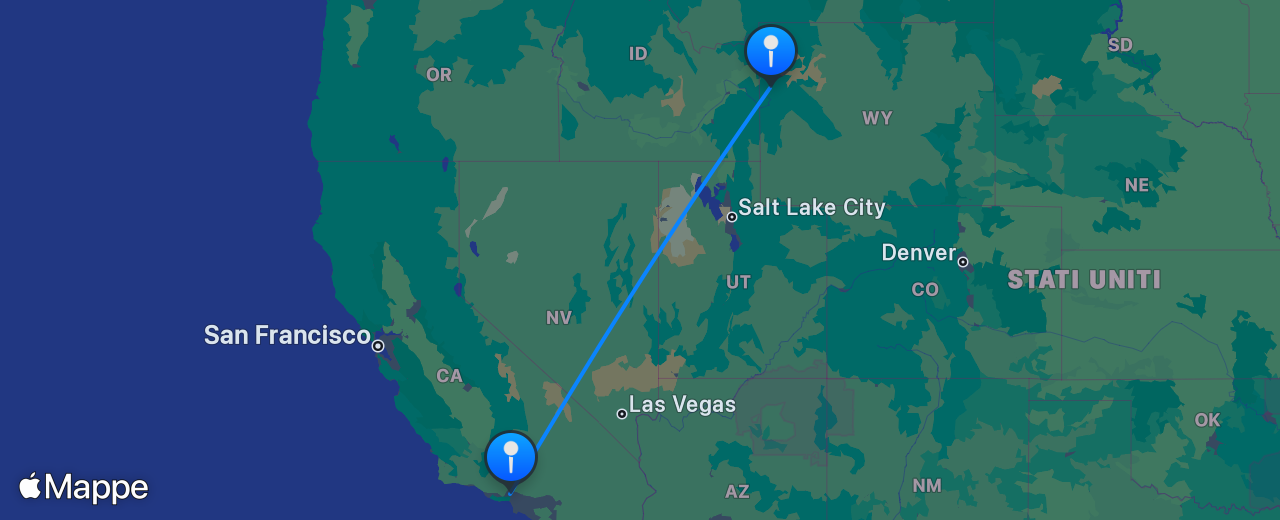 Mappa del volo da Jackson Hole a Los Angeles