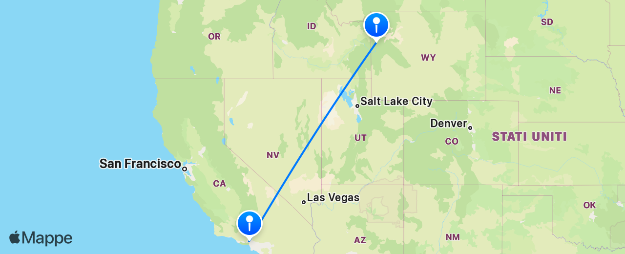 Mappa del volo da Jackson Hole a Los Angeles