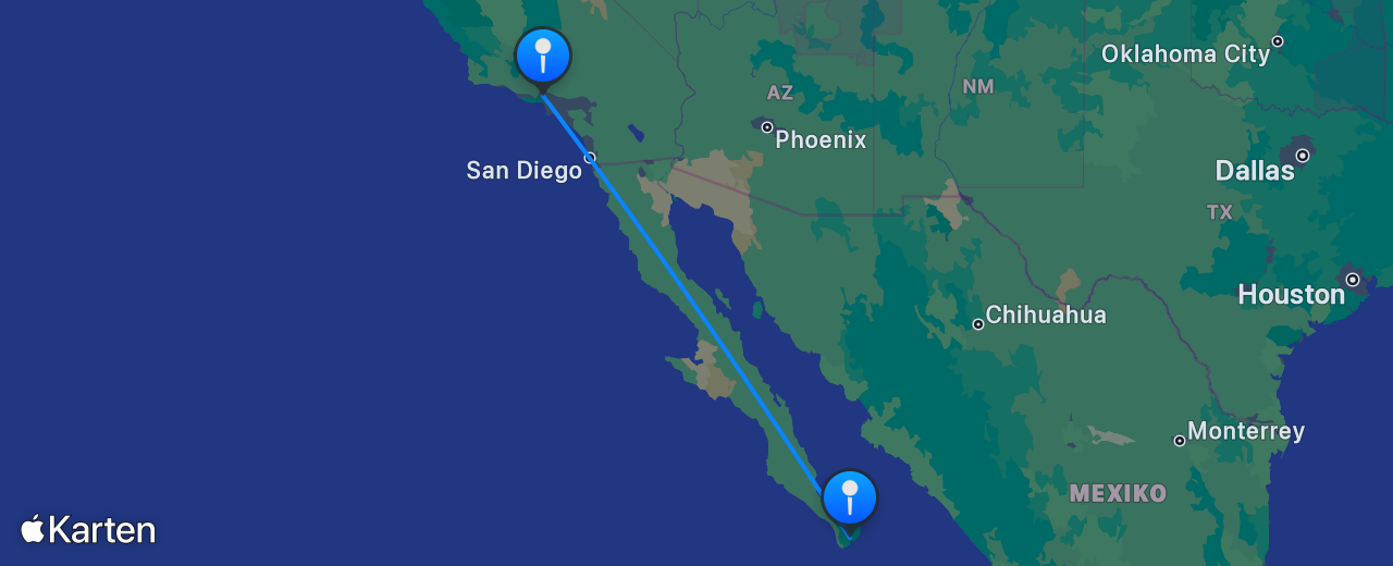 Karte des Flugs von Los Angeles nach Los Cabos