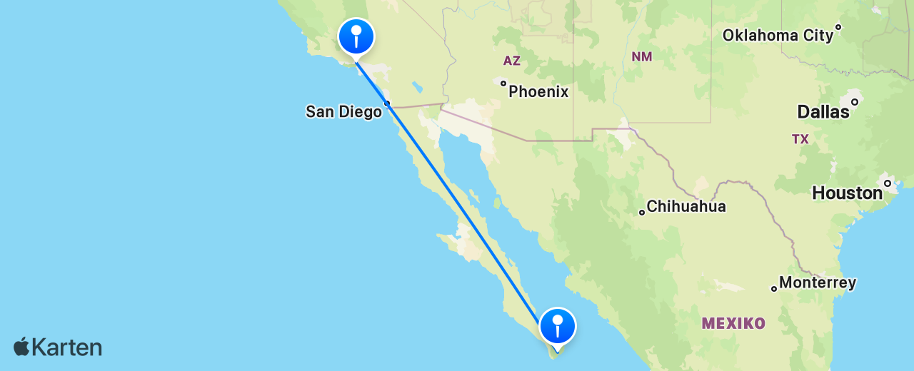 Karte des Flugs von Los Angeles nach Los Cabos