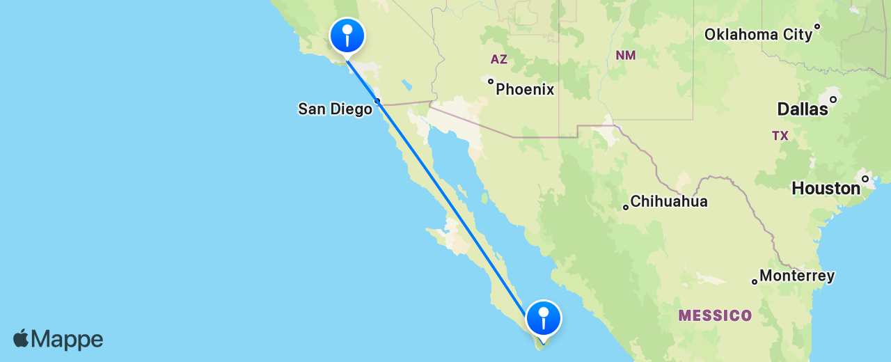 Mappa del volo da Los Cabos a Los Angeles