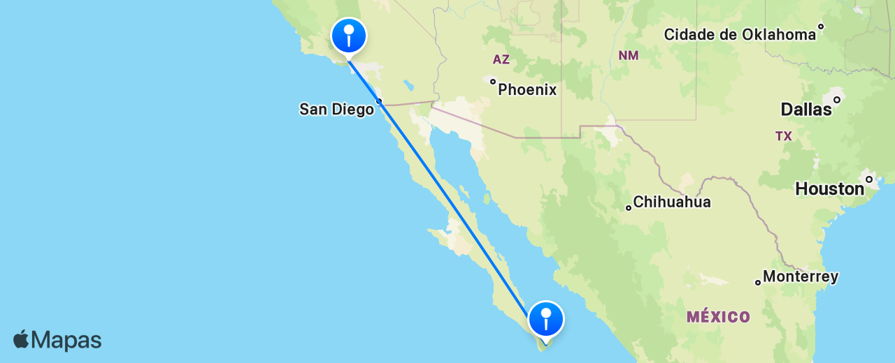 Mapa do voo de Los Cabos para Los Angeles