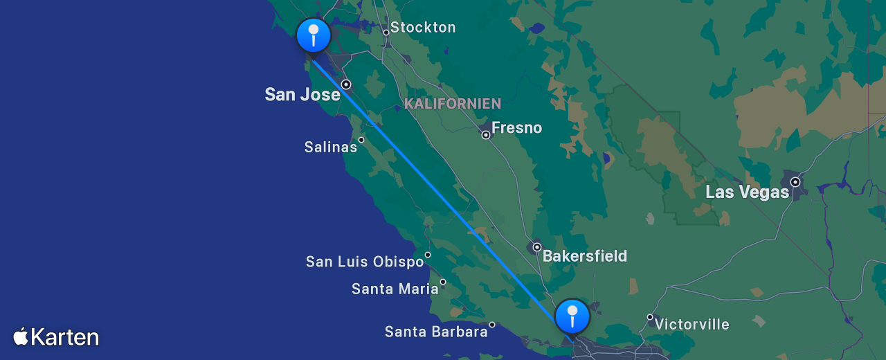 Karte des Flugs von Los Angeles nach San Francisco