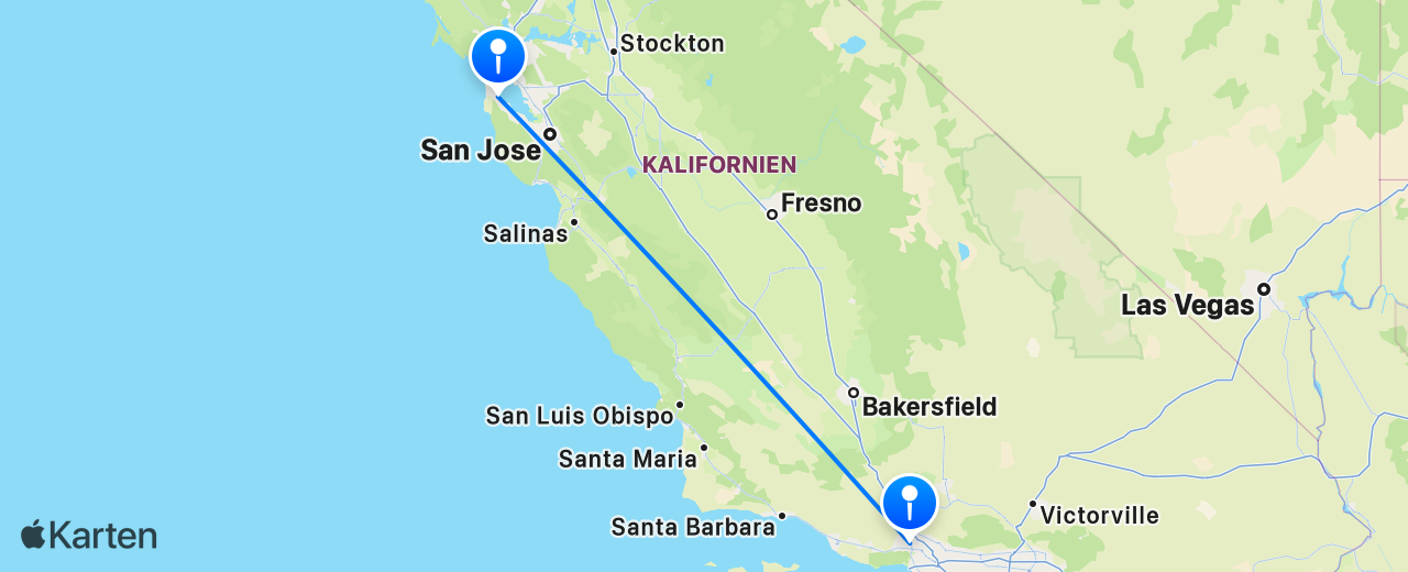 Karte des Flugs von Los Angeles nach San Francisco