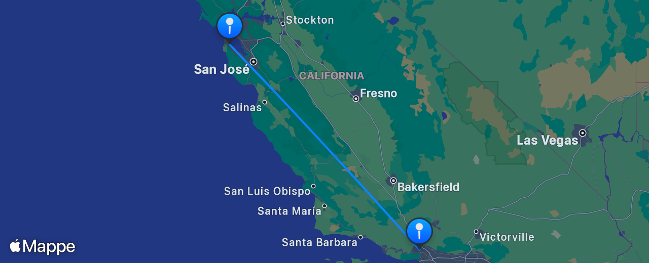 Mappa del volo da Los Angeles a San Francisco