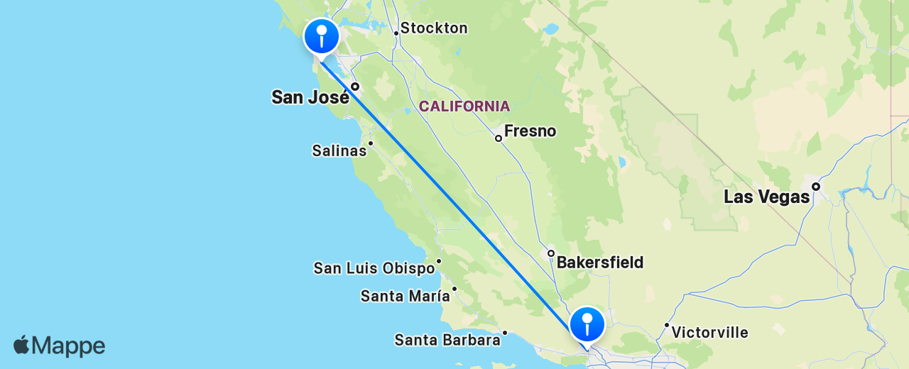 Mappa del volo da Los Angeles a San Francisco
