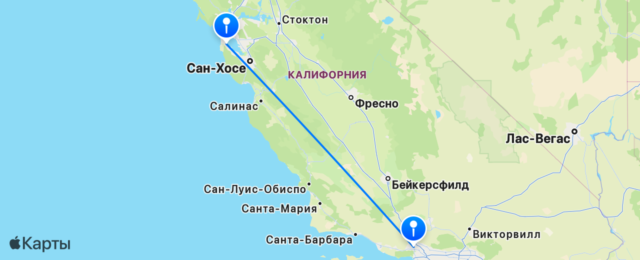 Карта перелёта Сан-Франциско — Лос-Анджелес