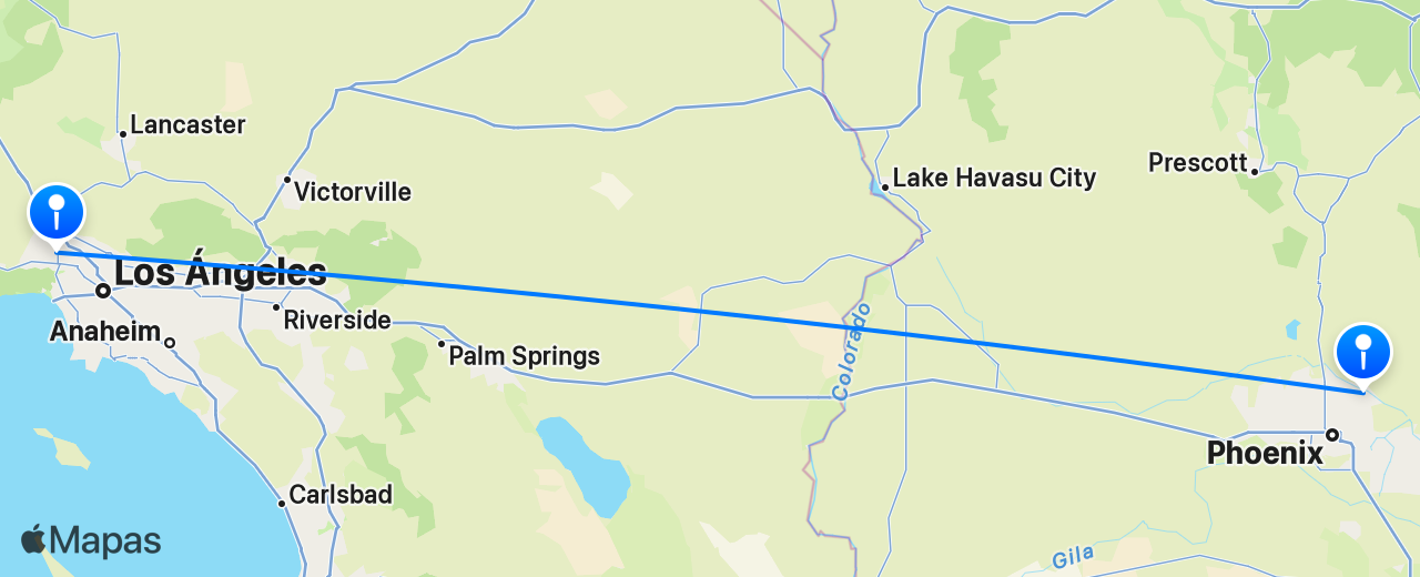 Mapa del vuelo de Los Angeles a Scottsdale