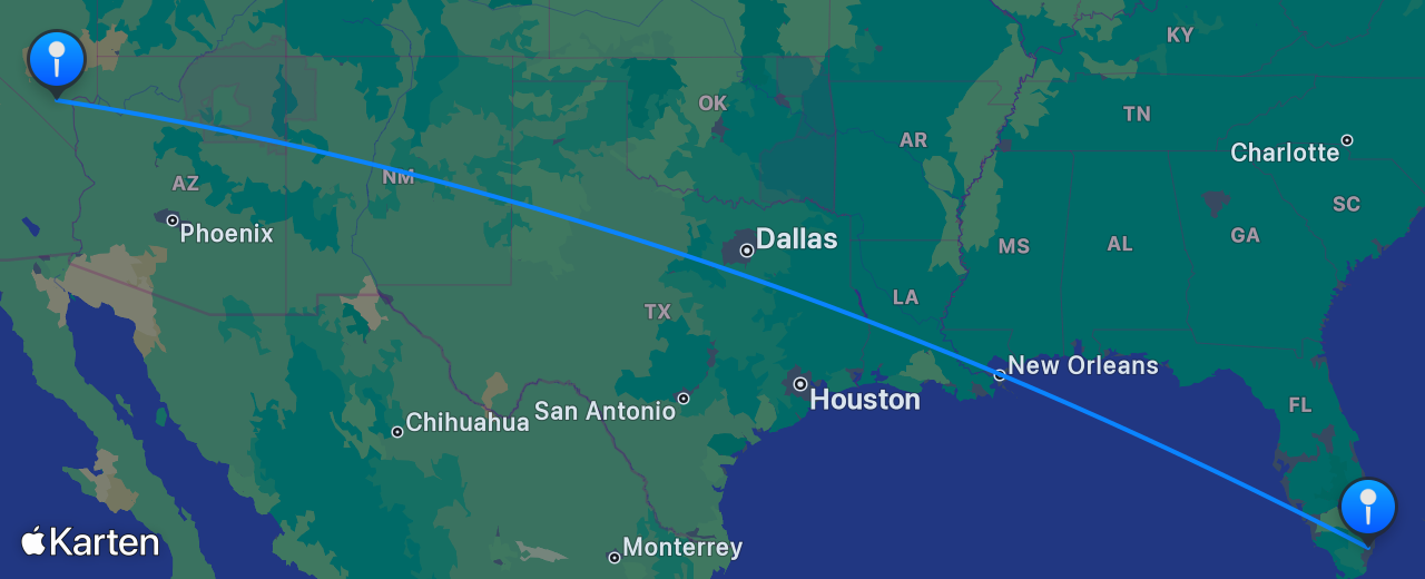 Karte des Flugs von Las Vegas nach Miami