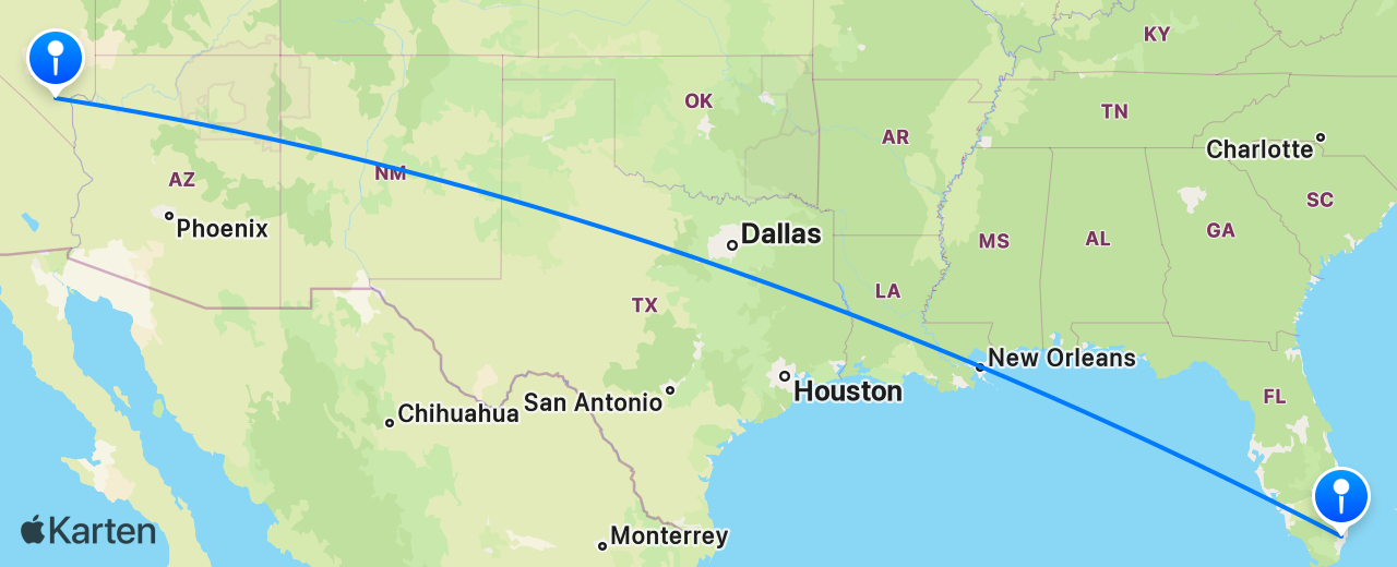 Karte des Flugs von Las Vegas nach Miami