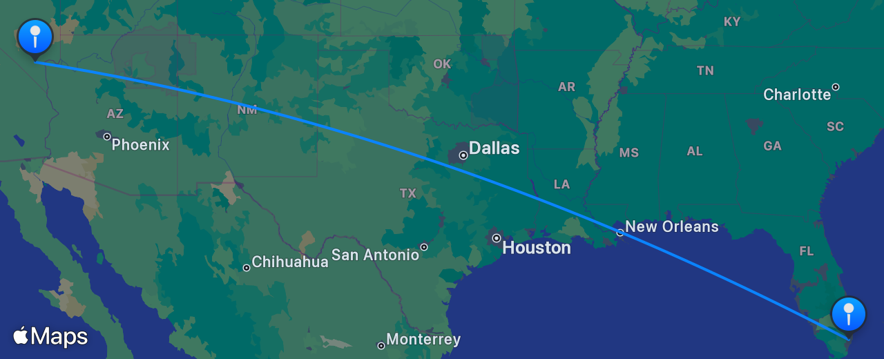Map of the flight from Las Vegas to Miami
