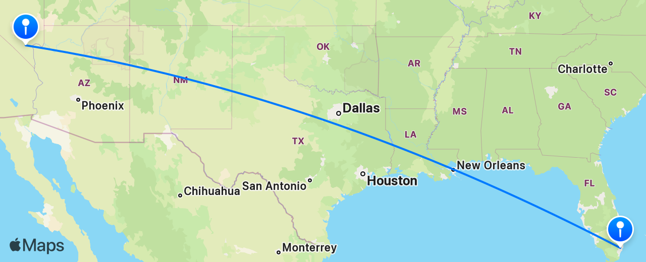Map of the flight from Las Vegas to Miami