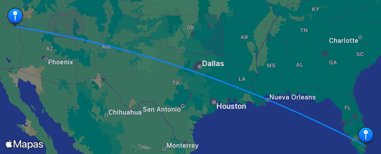 Mapa del vuelo de Las Vegas a Miami