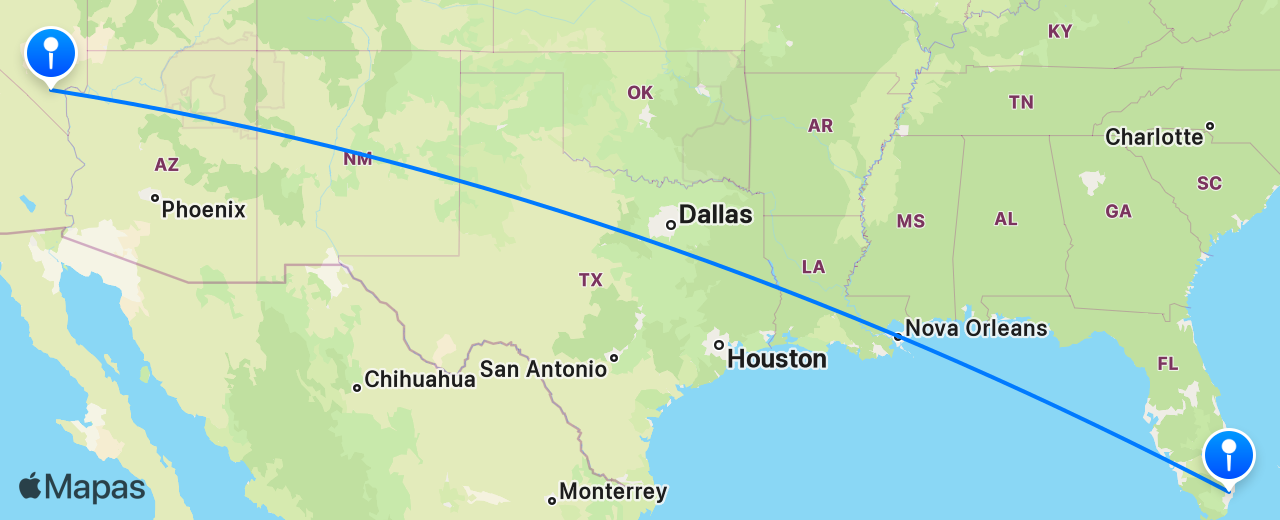 Mapa do voo de Miami para Las Vegas
