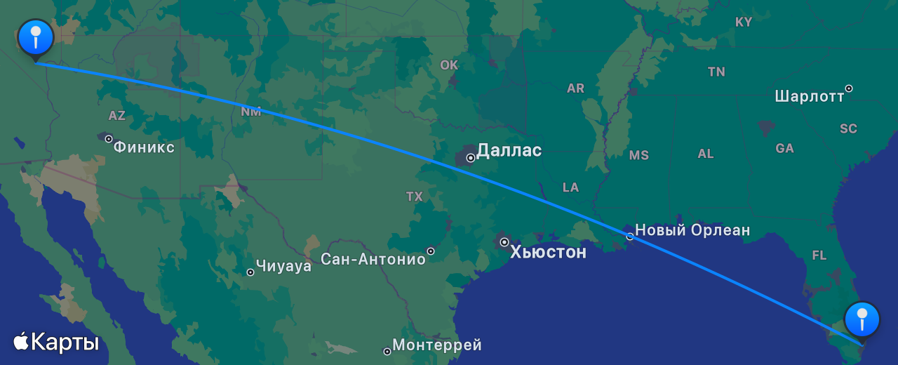 Карта перелёта Лас-Вегас — Майами