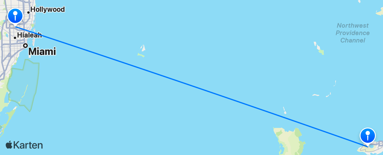 Karte des Flugs von Miami nach Nassau