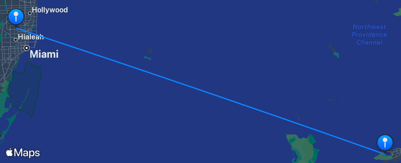 Map of the flight from Nassau to Miami