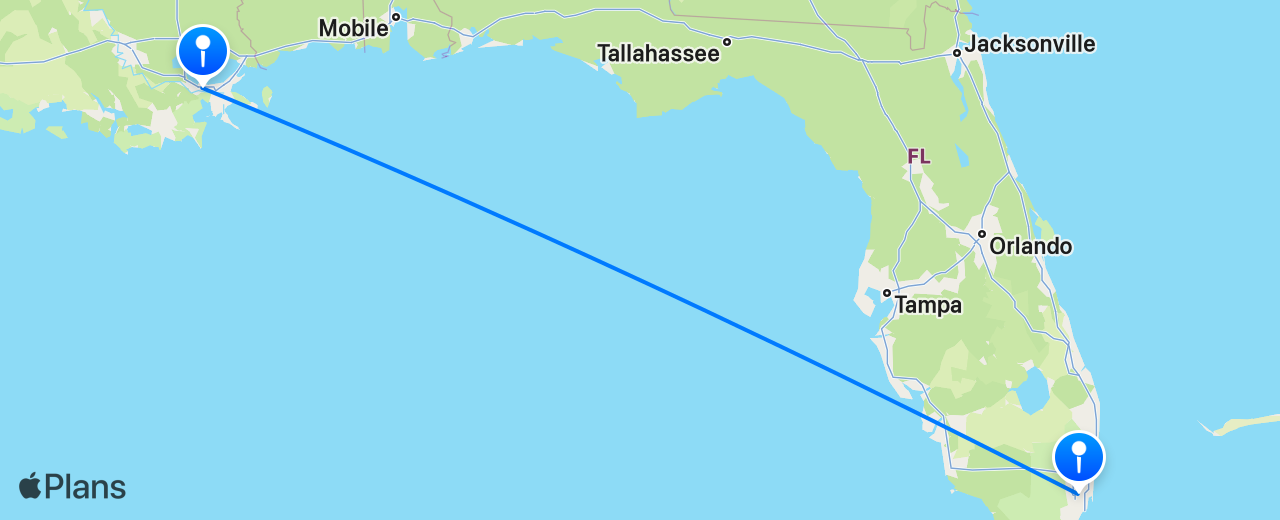 Carte du vol de Miami vers La Nouvelle-Orléans