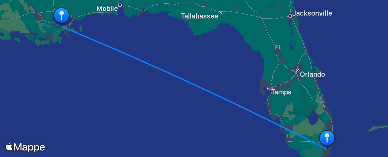 Mappa del volo da Miami a New Orleans