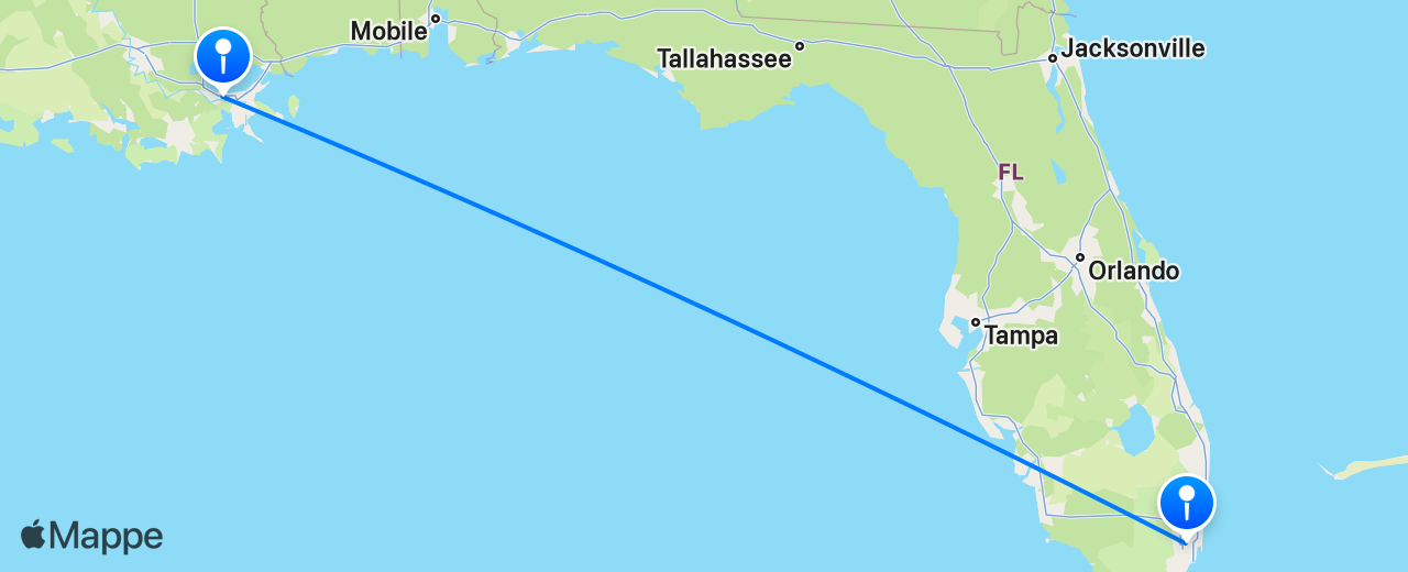 Mappa del volo da Miami a New Orleans