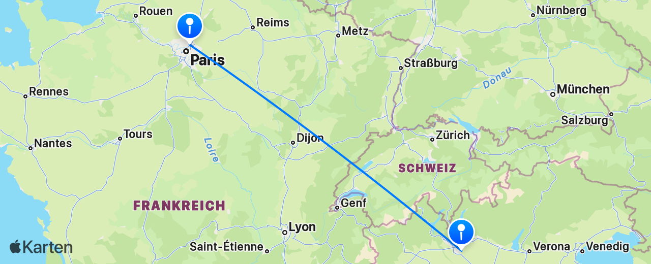 Karte des Flugs von Mailand nach Paris