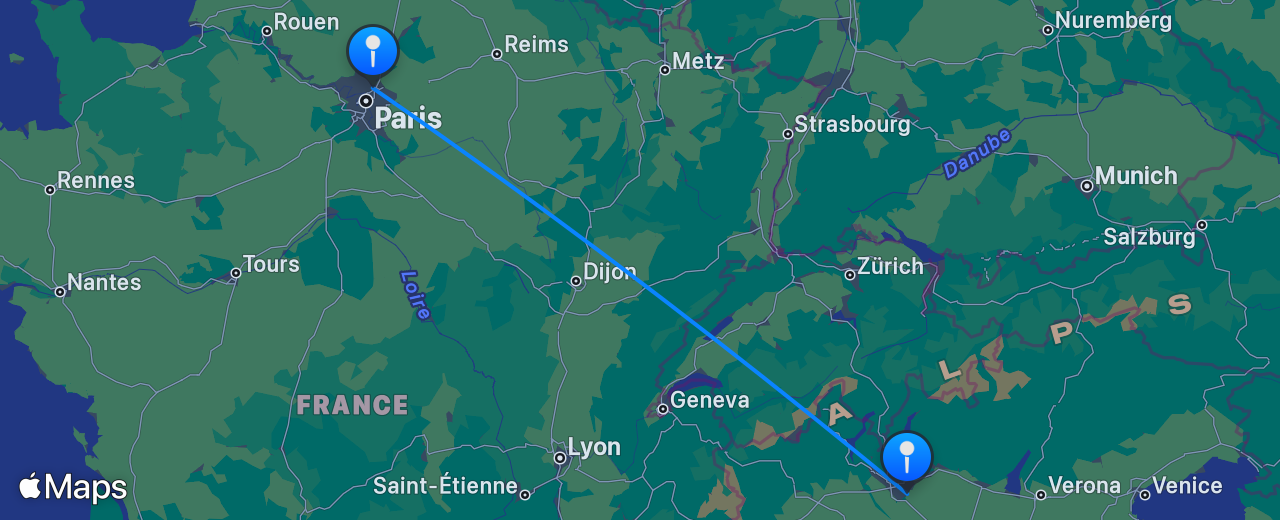 Map of the flight from Milan to Paris