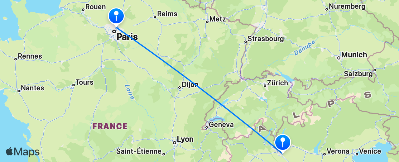 Map of the flight from Milan to Paris