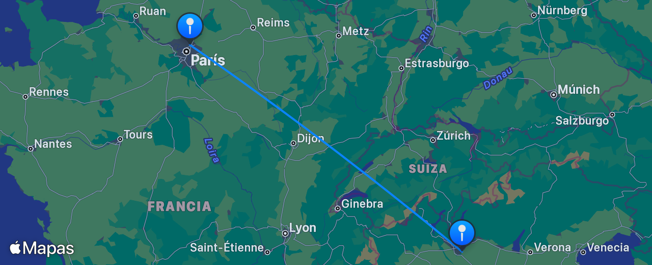 Mapa del vuelo de Milán a París