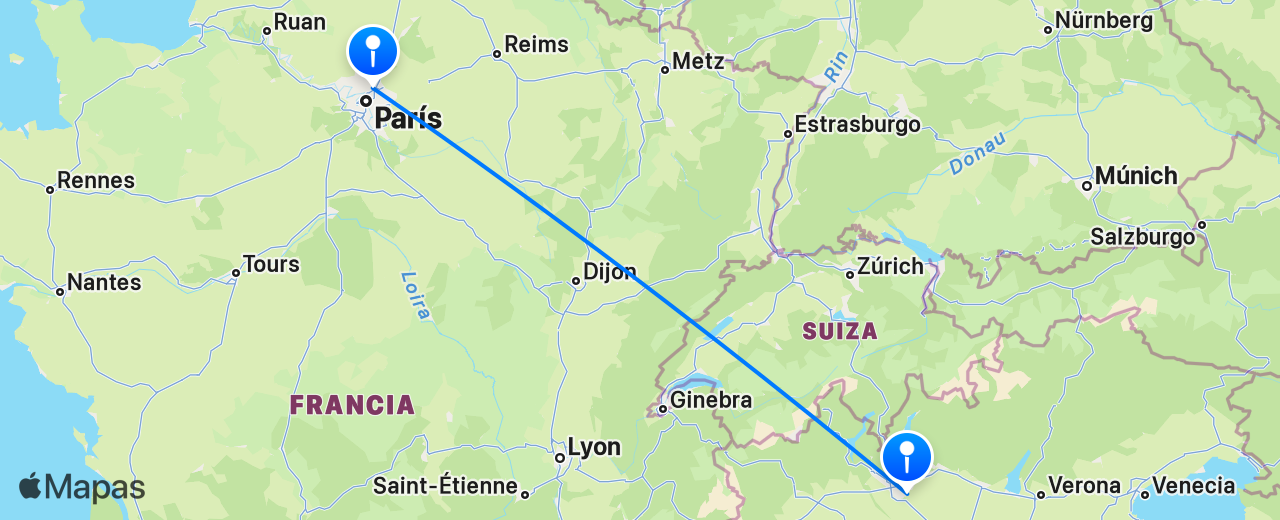 Mapa del vuelo de Milán a París