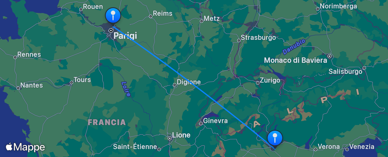 Mappa del volo da Milano a Parigi