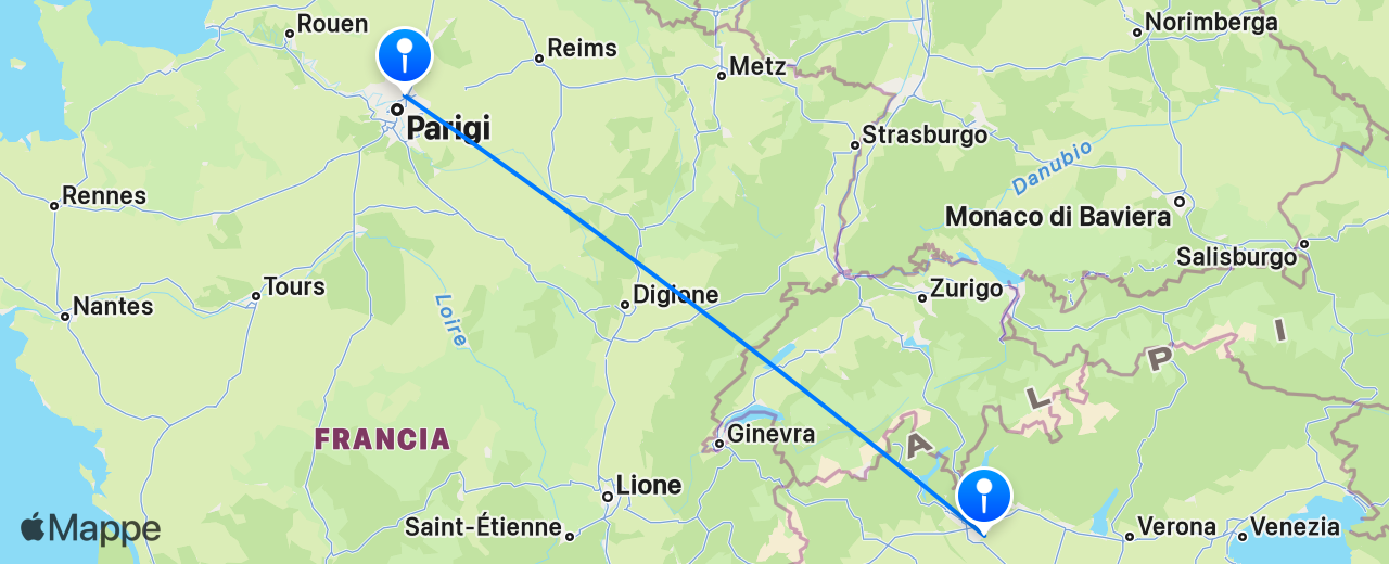Mappa del volo da Milano a Parigi