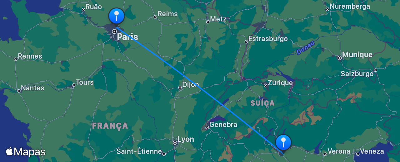 Mapa do voo de Paris para Milão