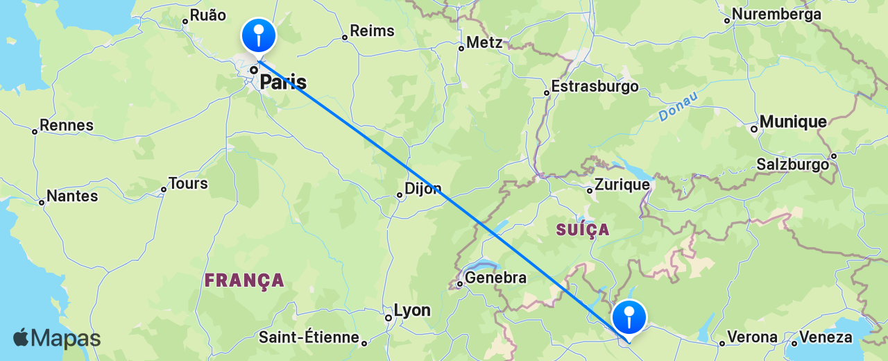 Mapa do voo de Paris para Milão