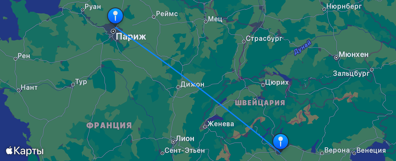 Карта перелёта Милан — Париж