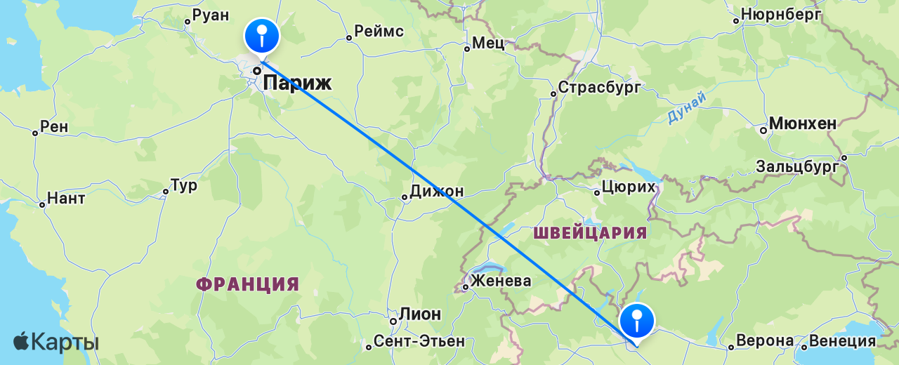 Карта перелёта Милан — Париж