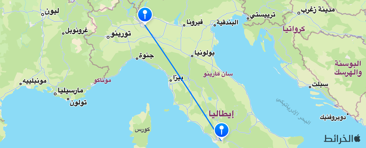 خريطة الرحلة من ميلانو إلى روما