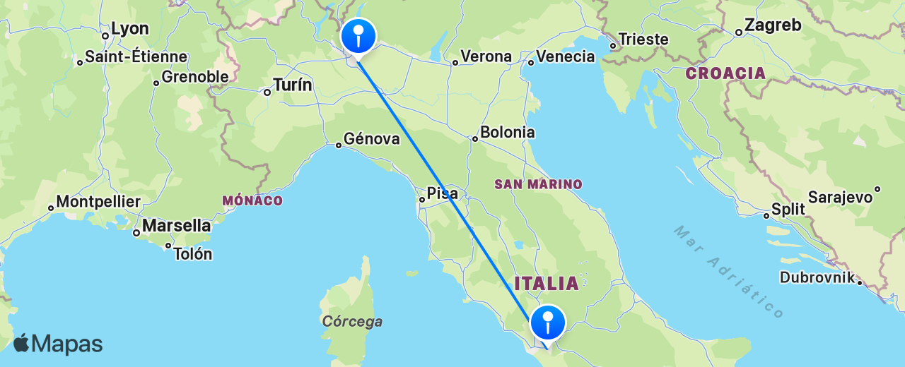 Mapa del vuelo de Milán a Roma