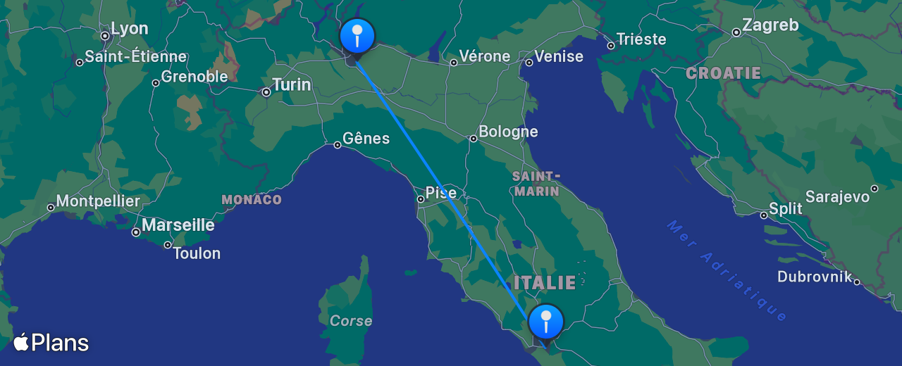Carte du vol de Rome vers Milan